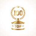 Top 100 award cup. Golden award trophy with laurel wreath and crown - isolated on white background. Royalty Free Stock Photo